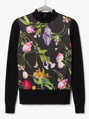 Ted Baker London Black Floral Satin Front Knit Sweater Ruffle Neck Size 1 US 4